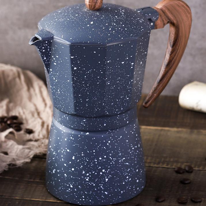European Style Moka Pot with Wood Grain Handle, Speckled Spray Paint
