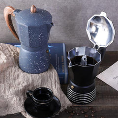 European Style Moka Pot with Wood Grain Handle, Speckled Spray Paint